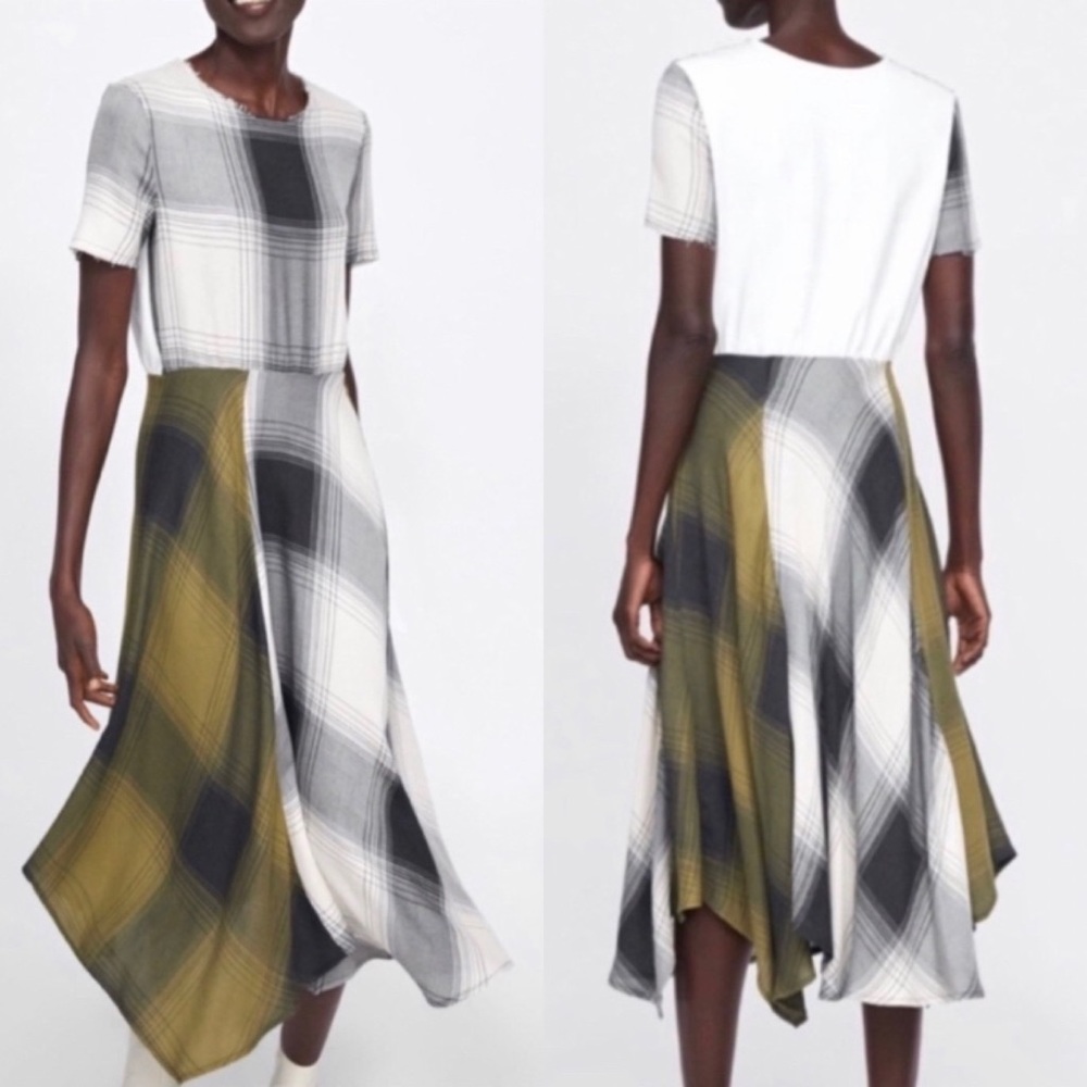 Zara Plaid Patchwork Handkerchief Hem Midi Dress